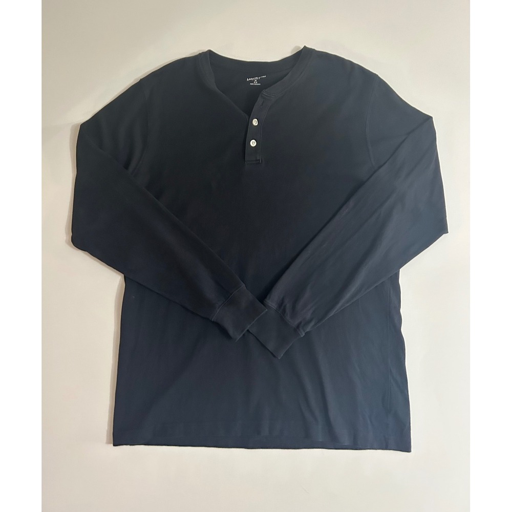 Lands End Super-T Henley Shirt Mens Medium Black Long Sleeve 3-Button Cotton Top